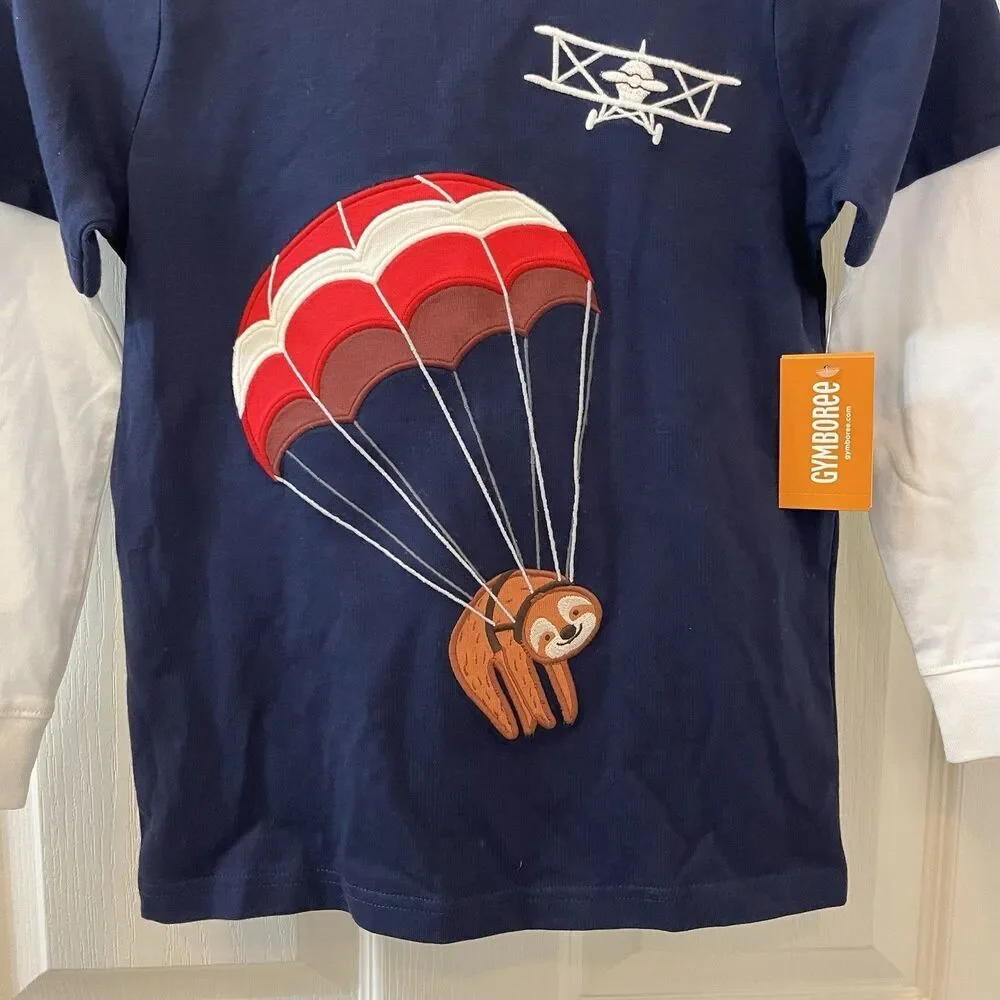Gymboree Aviator School Parachute Sloth Airplane Applique Layered Top Boys 6 NWT